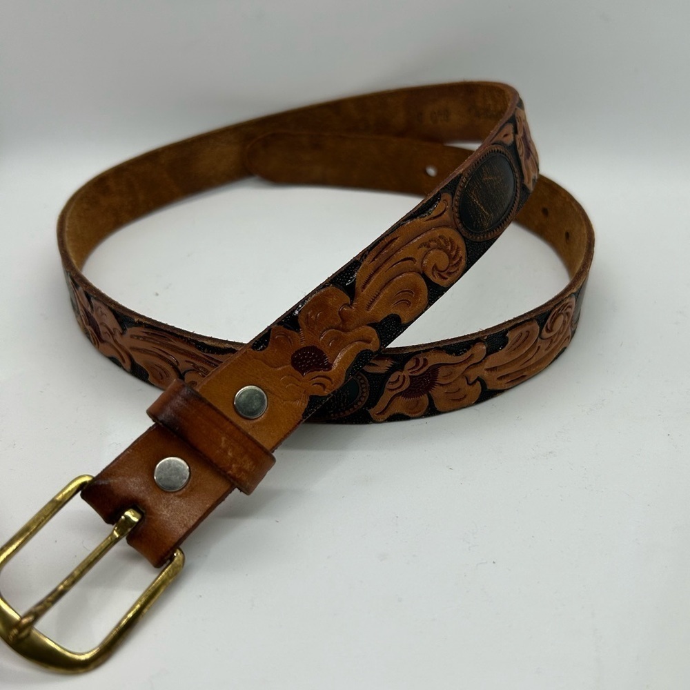 Looper Vintage Tooled Floral Brown Black Belt 840D size 32